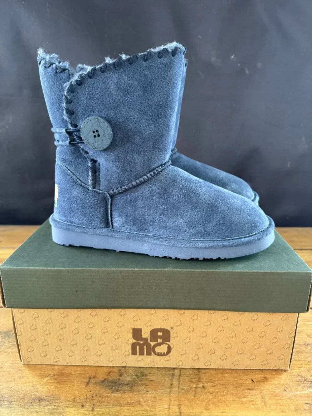 Lomo Navy Suede Button Whipstitched Ankle Boots New in Box Size 8 - Picture 4 of 5